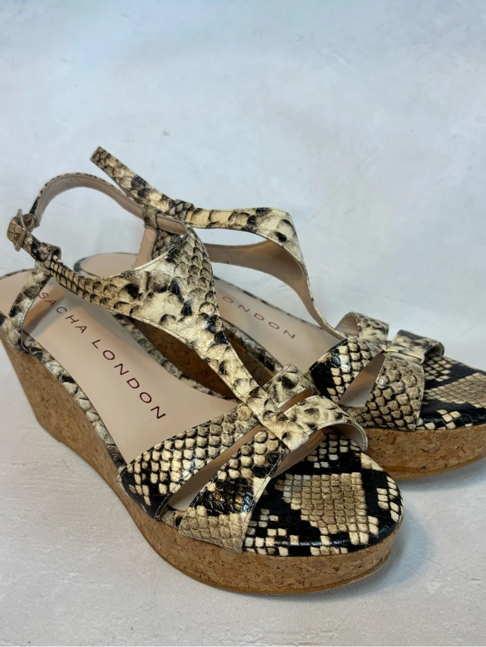 Sacha London Beige Snake-Print Cork Wedge Sandals, size 8, leather